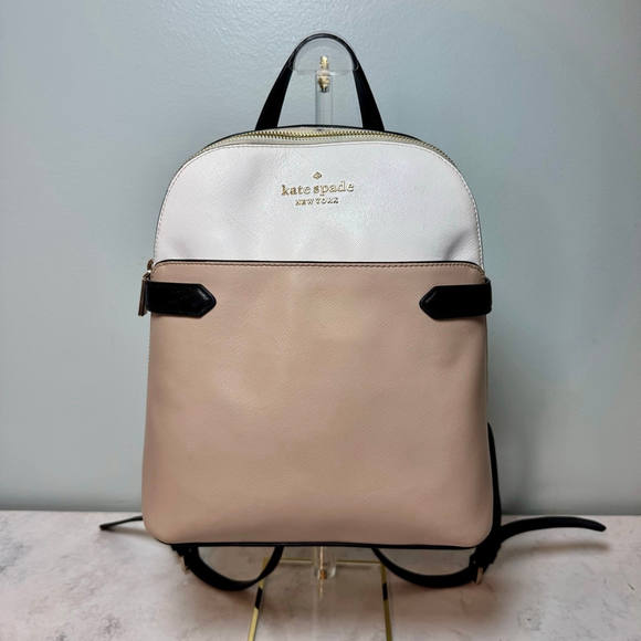 Kate Spade Staci Colorblock Saffiano Leather Backpack Beige White Black Gold - Picture 1 of 13